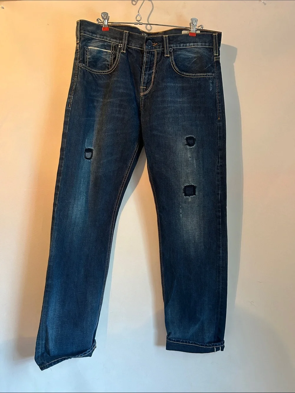 LTB Jeans Men's Dark Blue Distressed Jeans with selvedge. 32x32 low rise slim